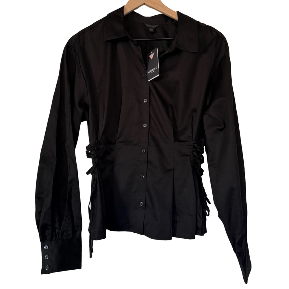 GUESS Black Lace Up Waist Button Down Blouse Size M Cotton Peplum Top NWT - Picture 4 of 8